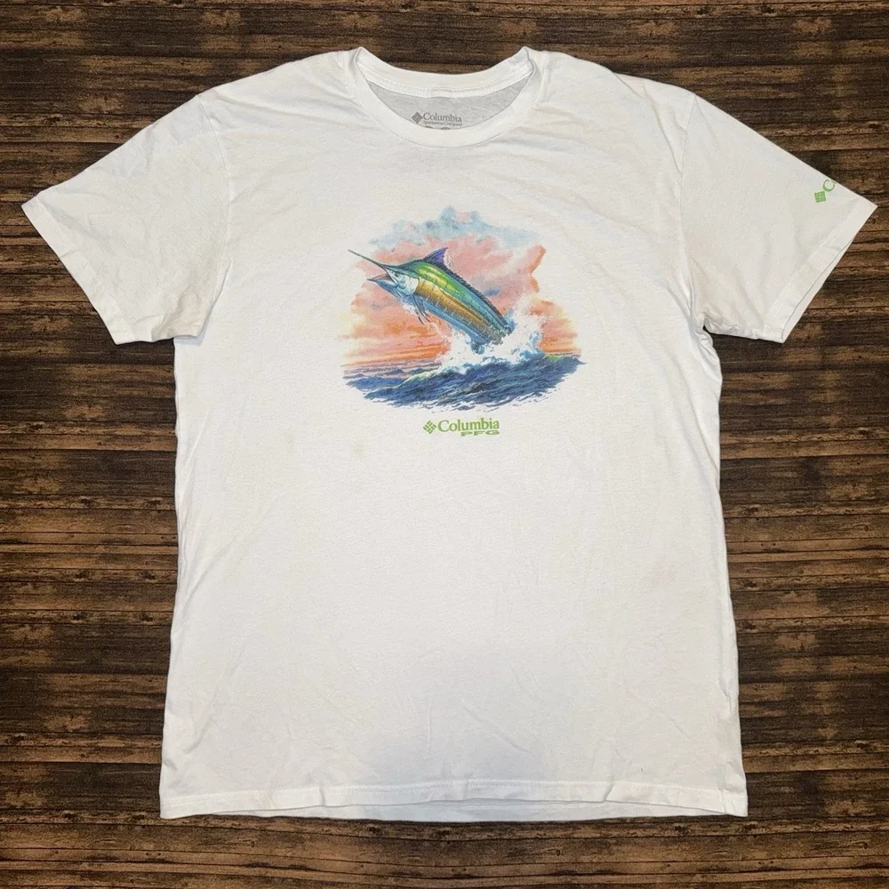 Columbia Sportswear PFG T-Shirt Mens XL White  Sailfish Graphic Tee